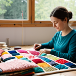A focus on the hands of a female crafter, meticulously stitching together colorful fabric scraps, repurposed from old clothes, to create a beautiful patchwork cushion cover. She is wearing modest, comfortable clothing, seated at a light-filled wooden crafting table in a cozy, organized home studio. The table is adorned with various vibrant textile pieces, a sewing machine, and spools of thread. The background shows hints of natural light streaming through a window, illuminating the creative process. The scene evokes a sense of sustainable artistry and mindful living. fully clothed, modest clothing, appropriate attire, safe for work, appropriate content, family-friendly, perfect anatomy, correct proportions, natural pose, well-formed hands, proper finger count, natural body proportions, professional photography, high quality, soft studio lighting.