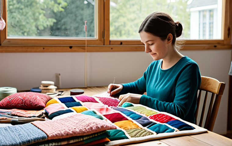 A focus on the hands of a female crafter, meticulously stitching together colorful fabric scraps, repurposed from old clothes, to create a beautiful patchwork cushion cover. She is wearing modest, comfortable clothing, seated at a light-filled wooden crafting table in a cozy, organized home studio. The table is adorned with various vibrant textile pieces, a sewing machine, and spools of thread. The background shows hints of natural light streaming through a window, illuminating the creative process. The scene evokes a sense of sustainable artistry and mindful living. fully clothed, modest clothing, appropriate attire, safe for work, appropriate content, family-friendly, perfect anatomy, correct proportions, natural pose, well-formed hands, proper finger count, natural body proportions, professional photography, high quality, soft studio lighting.