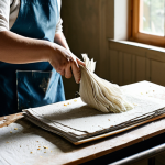A focused individual, fully clothed in modest, practical attire, carefully dipping a screen mold into a basin filled with wet paper pulp, preparing to lift a new sheet of handmade paper. The setting is a sunlit, clean home studio or a well-organized craft space, with stacks of old newspapers, a used blender, and a few freshly made, slightly textured paper sheets drying on a wire rack in the background. Natural elements like dried flower petals are subtly visible on a nearby table. The atmosphere is calm and contemplative, captured with soft, diffused lighting and a clean focus on the hands and the paper-making process. safe for work, appropriate content, fully clothed, modest clothing, appropriate attire, professional dress, perfect anatomy, correct proportions, natural pose, well-formed hands, proper finger count, natural body proportions, professional photography, high quality.