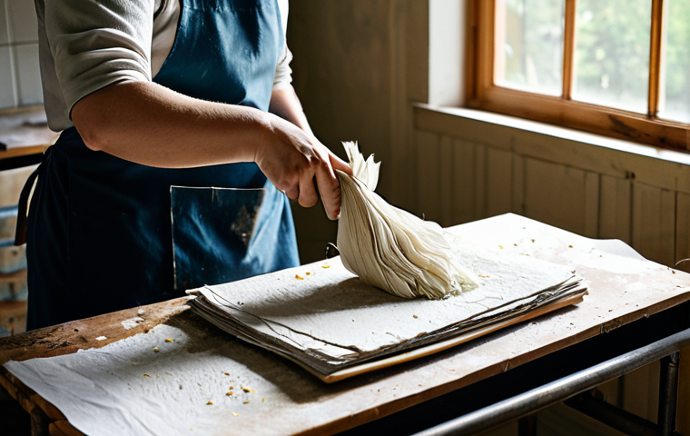 A focused individual, fully clothed in modest, practical attire, carefully dipping a screen mold into a basin filled with wet paper pulp, preparing to lift a new sheet of handmade paper. The setting is a sunlit, clean home studio or a well-organized craft space, with stacks of old newspapers, a used blender, and a few freshly made, slightly textured paper sheets drying on a wire rack in the background. Natural elements like dried flower petals are subtly visible on a nearby table. The atmosphere is calm and contemplative, captured with soft, diffused lighting and a clean focus on the hands and the paper-making process. safe for work, appropriate content, fully clothed, modest clothing, appropriate attire, professional dress, perfect anatomy, correct proportions, natural pose, well-formed hands, proper finger count, natural body proportions, professional photography, high quality.