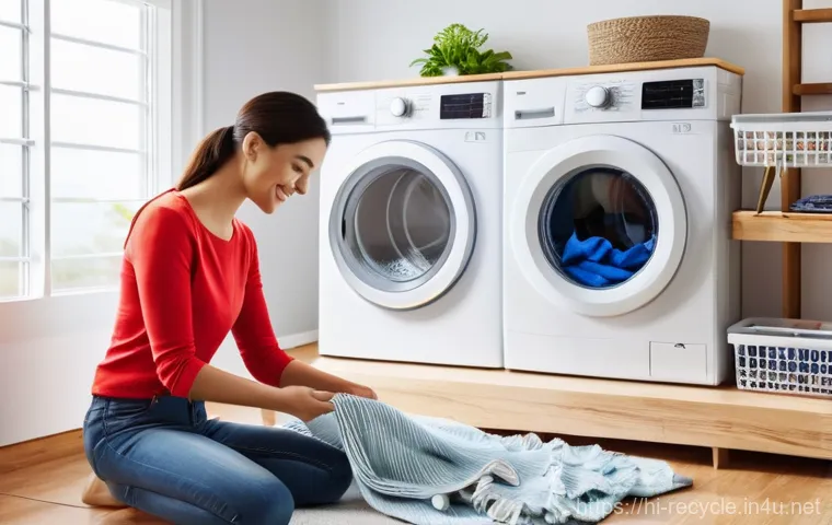친환경 세탁법 - **Prompt:** A vibrant, sunlit laundry room scene featuring a young woman (20s-30s) with a warm, gent...