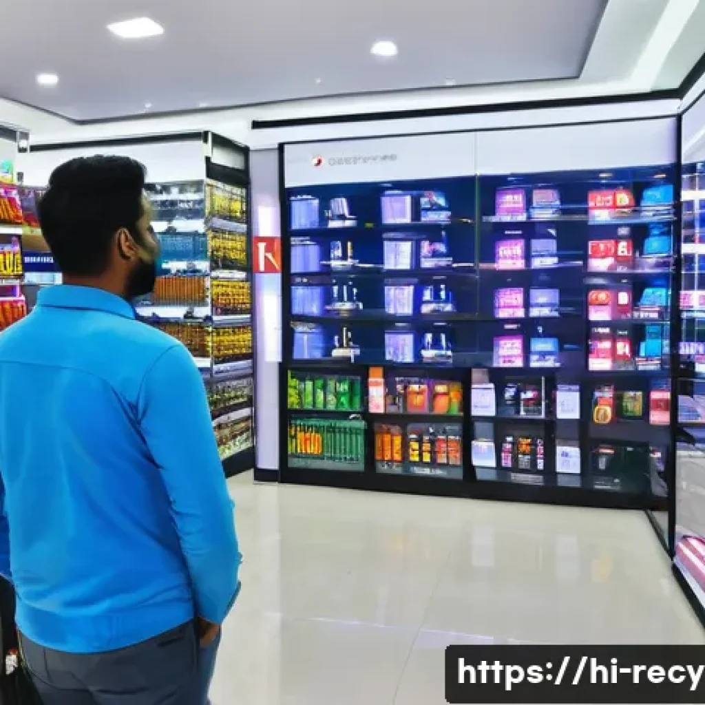 전자제품 리퍼브 시장 - A modern electronics store interior in India showcasing a vibrant display of refurbished gadgets inc...