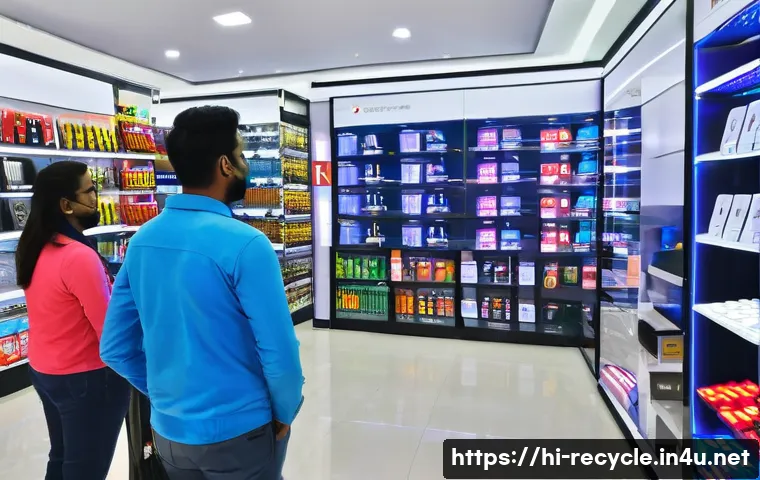 전자제품 리퍼브 시장 - A modern electronics store interior in India showcasing a vibrant display of refurbished gadgets inc...
