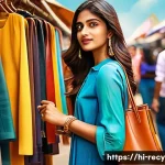 중고 명품 재판매 플랫폼 - A stylish urban scene featuring a young Indian woman shopping for second-hand luxury handbags at a v...