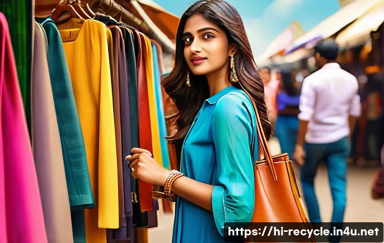 중고 명품 재판매 플랫폼 - A stylish urban scene featuring a young Indian woman shopping for second-hand luxury handbags at a v...