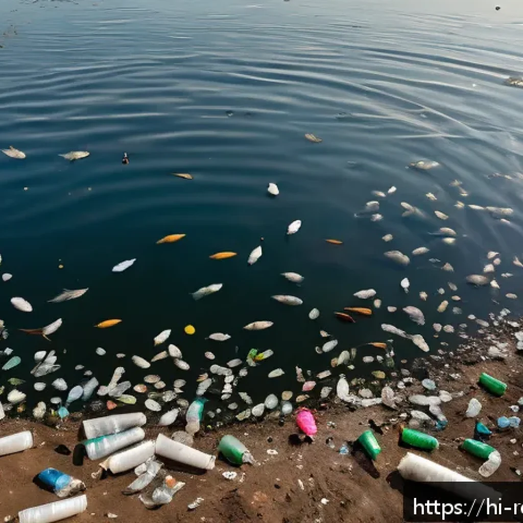 재활용할 수 없는 플라스틱 - A detailed scene of a polluted Indian riverbank showing floating plastic bags and bottles contaminat...