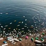 재활용할 수 없는 플라스틱 - A detailed scene of a polluted Indian riverbank showing floating plastic bags and bottles contaminat...