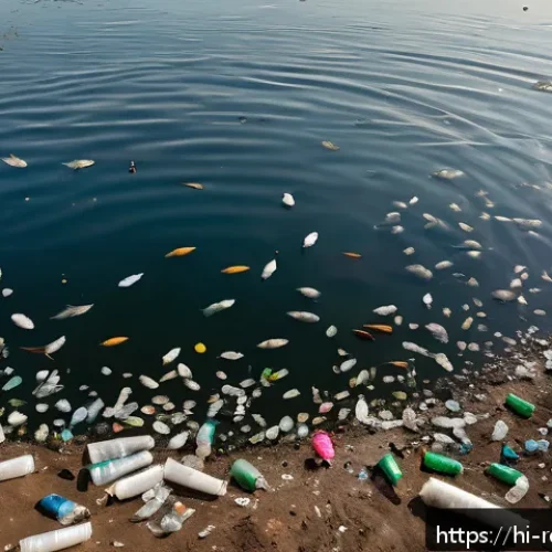 재활용할 수 없는 플라스틱 - A detailed scene of a polluted Indian riverbank showing floating plastic bags and bottles contaminat...