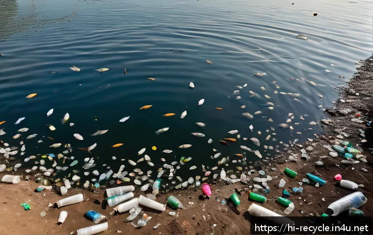 재활용할 수 없는 플라스틱 - A detailed scene of a polluted Indian riverbank showing floating plastic bags and bottles contaminat...