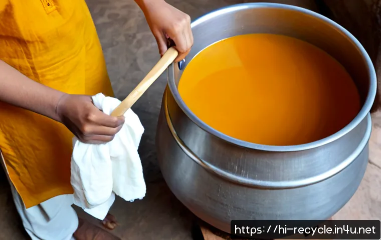 Home 17 천연 염색 방법 - Photorealistic natural fabric dyeing workshop in a bright Indian home courtyard, adult hands gently ...