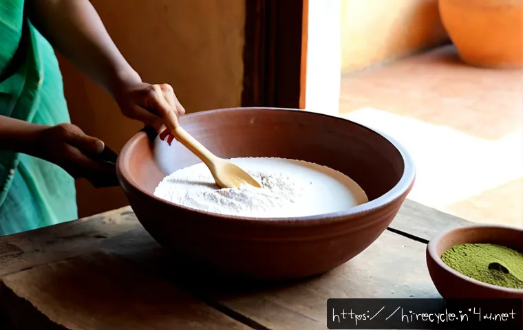 친환경 페인트 만들기 - Photorealistic home workshop scene of an Indian woman mixing natural eco-friendly paint in a large c...